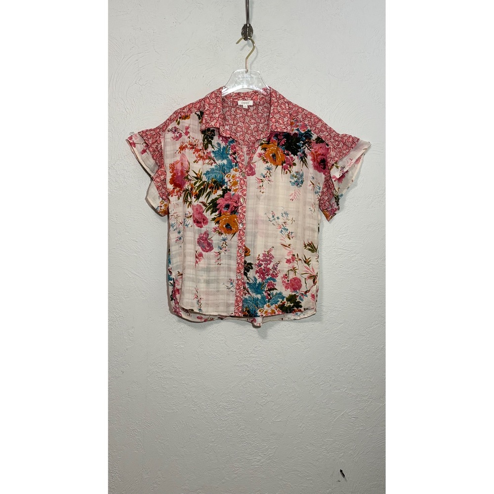 ODDI - Women Floral Ruffle Cap Sleeve Button Up Blouse Pink White - Small